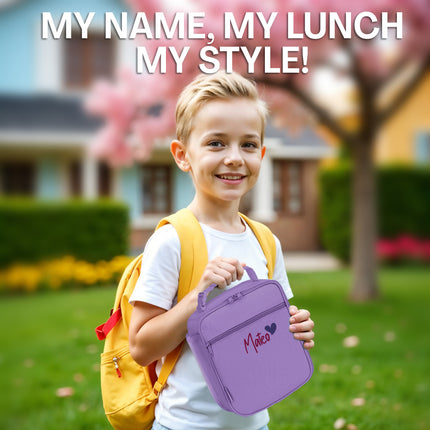 Child holding a purple lunch bag with 'Malco' branding, standing outdoors with a house and tree in the background.