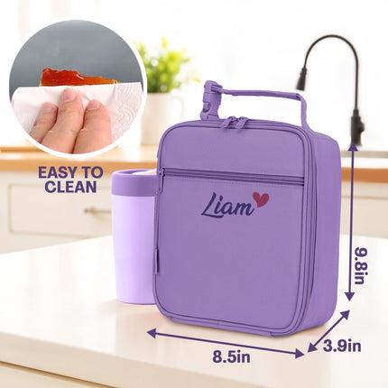 Purple travel bag with dimensions and cleaning feature inset on a neutral background