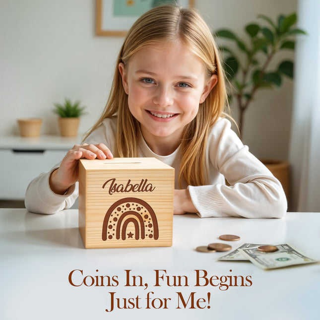 Personalized Wood Piggy Bank with Engraved Name