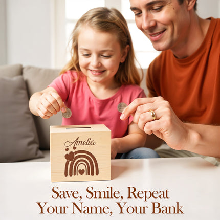 Personalized Wood Piggy Bank with Engraved Name