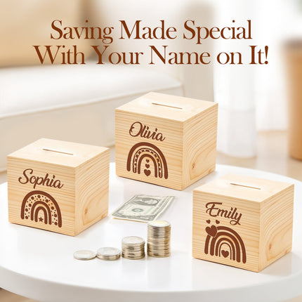 Personalized Wood Piggy Bank with Engraved Name