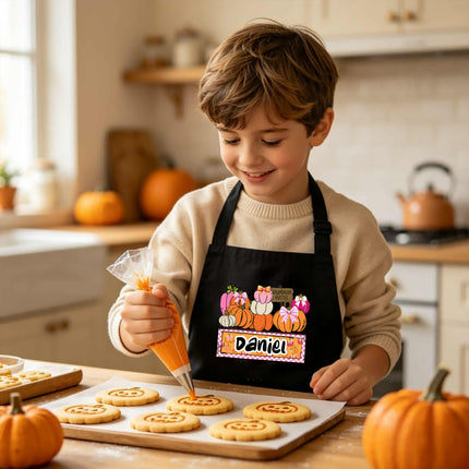 Personalized Kids Apron for Kitchen with Name, Pumpkin