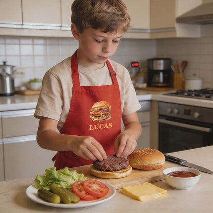 Personalized Kids Apron for Cooking, Food Designs Unisex Aprons, Pancake, Burger, Hotdog, Popcorn, Cupcake
