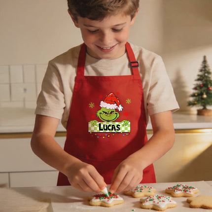 Personalized Kids Apron for Kitchen with Name - Grinch, Elf, Turkey, Kitchen