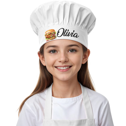 Personalized kids Kitchen Cooking Apron Customized Toddler Chef Hat for Boys and Girls Unisex -Burger