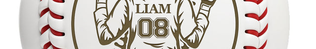 A white baseball with red stitching, featuring a custom engraving of a name and number inside a circular graphic design.