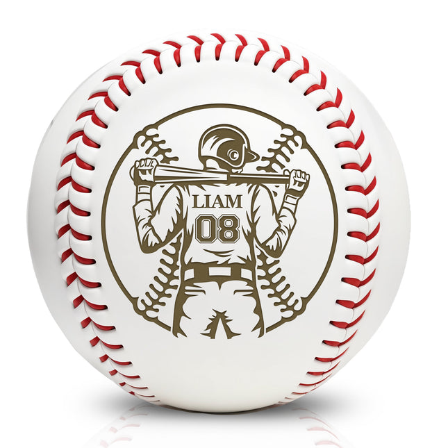 A white baseball with red stitching, featuring a custom engraving of a name and number inside a circular graphic design.