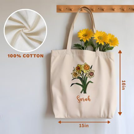 Birth Month Flowers Cotton Tote Bag with Custom Name