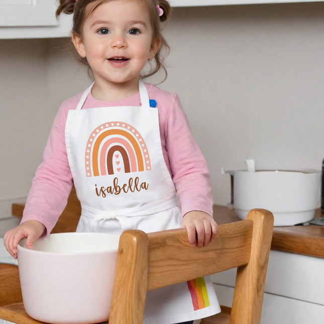 personalized kids apron rainbow boho design with custom name custom childrens cooking little helper kitchen apron unisex baking apron for boys and girls custom gift for toddler boys and girls