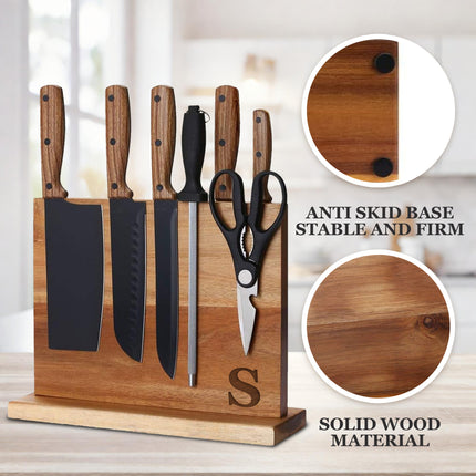 Wooden knife block set with knives and scissors on a white background