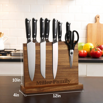Wooden knife block set with knives and scissors on a white background