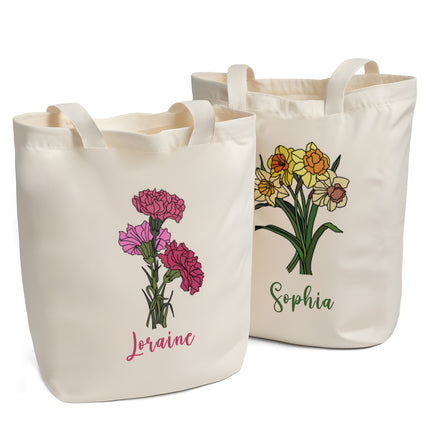 Birth Month Flowers Cotton Tote Bag with Custom Name