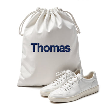 Embroidered Shoe pouch Portable Drawstrings Travel Shoe Bags Custom Name Shoe Organizer, Reusable Produce Bags Space Saving - Storage Bags Washable Breathable Cotton Fabric for Home, Luggage-White