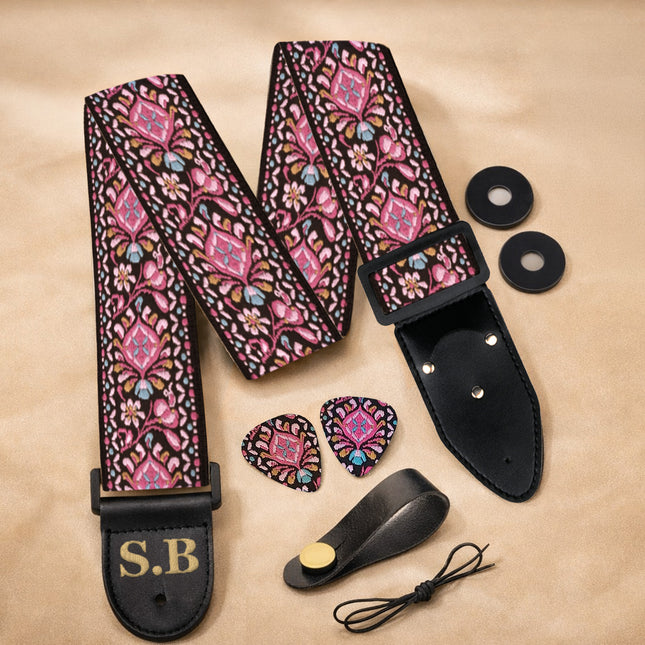 Custom Blue Woven Vintage Design Guitar Strap W/FREE BONUS- 2 Picks + Strap Locks + Strap Button