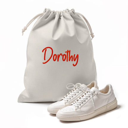Embroidered Shoe pouch Portable Drawstrings -White