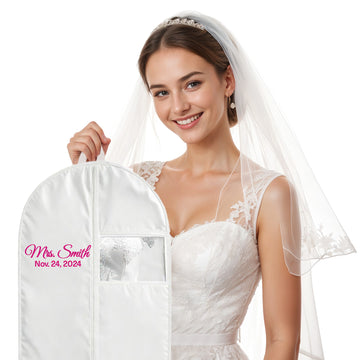Personalized Garment bag for Wedding Dress - Embroidered Breathable Black Bag for Bridal Gown - 72 Inch White