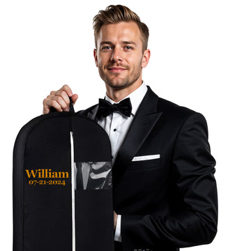 Personalized Garment bag for Groom Tuxedo - Embroidered Name Breathable Black Bag for Groomsmen with 2 Pockets for Hanging Clothes