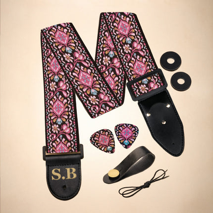Custom Woven Vintage Design Guitar Strap W/FREE BONUS- 2 Picks + Strap Locks + Strap Button