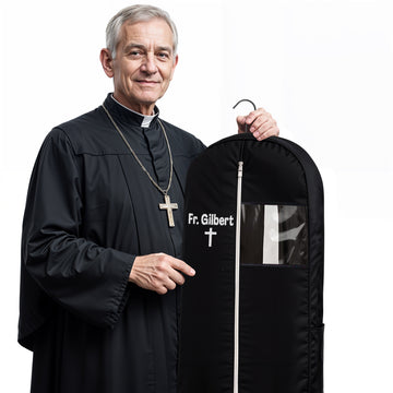 Personalized Garment bag for Hanging Clothes - Embroidered Name Garment Holder With 2 Mesh Pockets for Priest and Nun Robes - Ideal for Clergy Outfits, Uniform Cover Bag with Carry Handle - Black