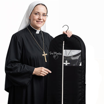 Personalized Garment bag for Hanging Clothes - Embroidered Name Garment Holder With 2 Mesh Pockets for Priest and Nun Robes - Ideal for Clergy Outfits, Uniform Cover Bag with Carry Handle - Black