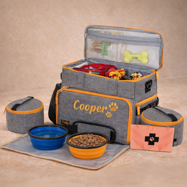 Pet travel kit with 'Cooper' branding on a beige background