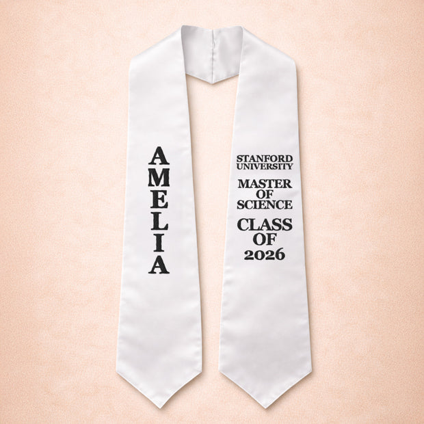 White graduation stole with personalized text on a beige background