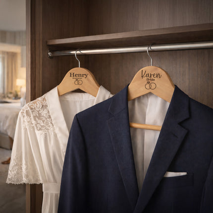 Navy blazer and white lace garment on wooden hangers with engraved names in a bedroom setting.