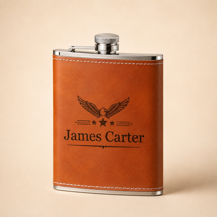 Engraved Whiskey Flask Gift Set – Personalized Leather Wrapped Stainless Steel Flasks