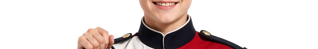 A young person in a marching band uniform holding a personalized garment bag with the name 'Oliver' printed on it.