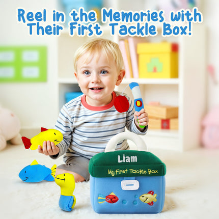 Child playing with a toy tackle box and fishing rods, with text 'Reel in the Memories with Their First Tackle Box!'