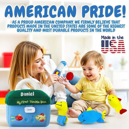 Child playing with a toy tackle box and fishing rods, with text 'Reel in the Memories with Their First Tackle Box!'