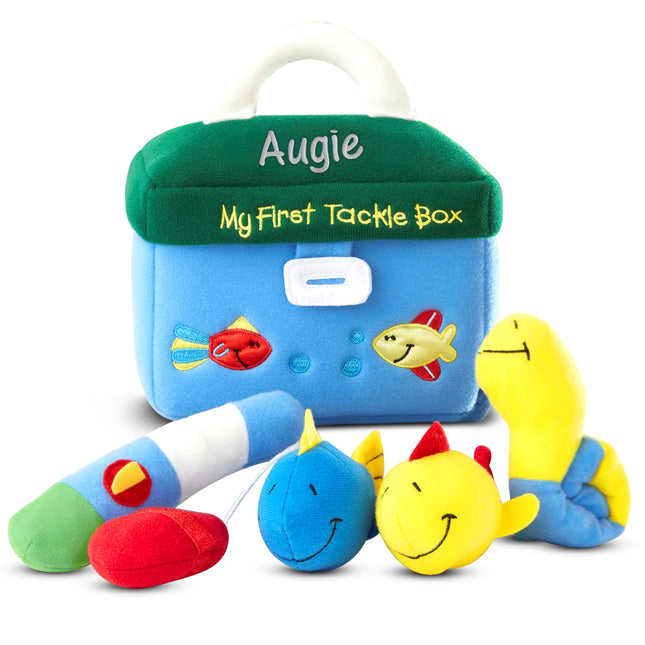 Children's toy tackle box with plush fish and worms on a white background