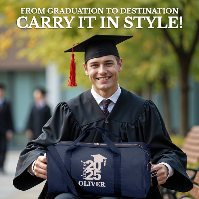 Graduating student holding a navy blue bag with 'Class of 2025' text, outdoors.

