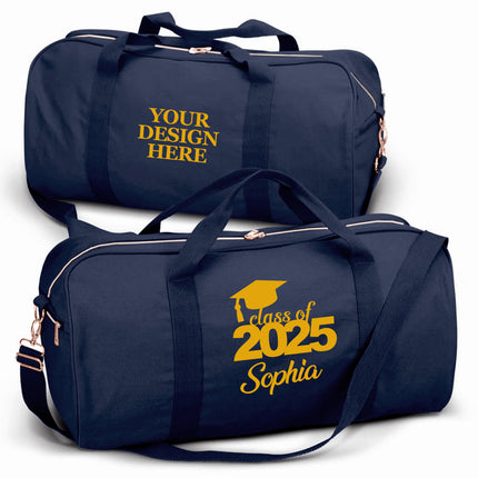 Navy duffel bag with customizable text in yellow on a white background

