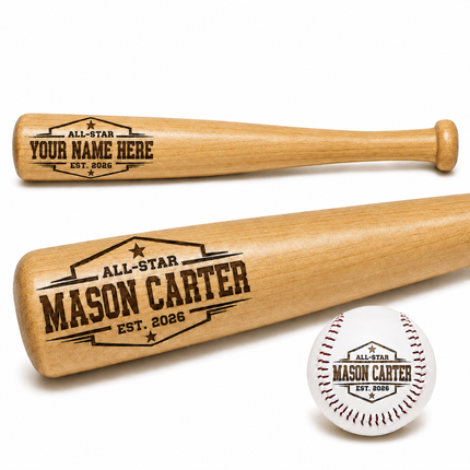 Custom Engraved Baseball Bat and Ball Set with Custom Name - All Star