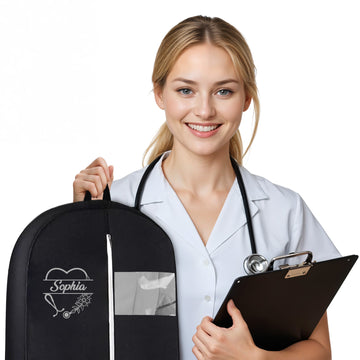 Personalized Garment bag for Hanging Clothes & Travel for Nurse- Custom Black Uniform Bags for Closet Storage with 2 Mesh Pockets for Men & Women