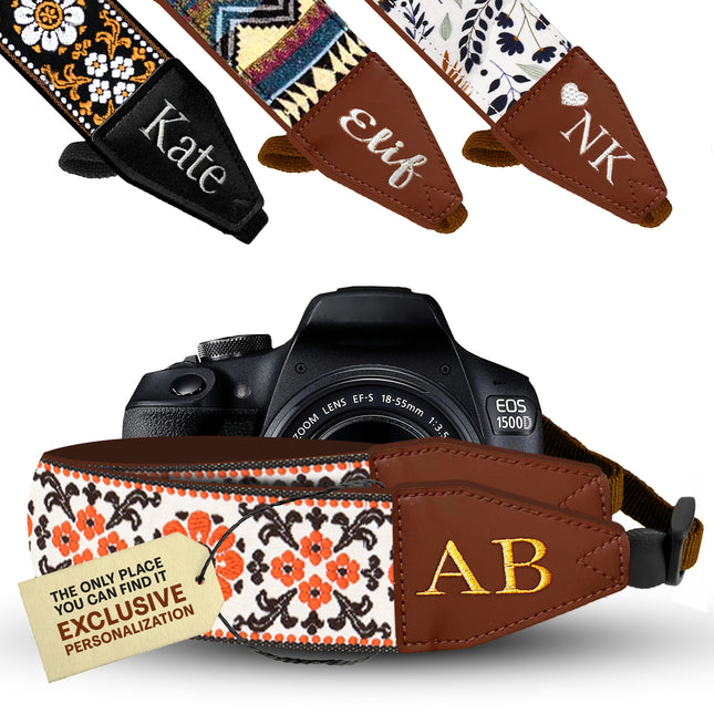 Personalized Embroidered Orange White Flower Camera Strap - Camera Strap for SLR/ DSLR