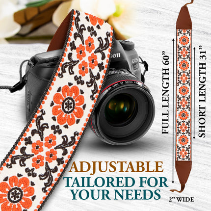 Personalized Embroidered Orange White Flower Camera Strap - Camera Strap for SLR/ DSLR