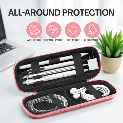 Pink and black carrying case with electronic accessories on a white surface, featuring 'All-Around Protection' text and icons.