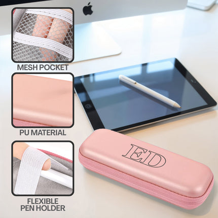 Pink pencil case with mesh pocket, PU material, and flexible pen holder features displayed.