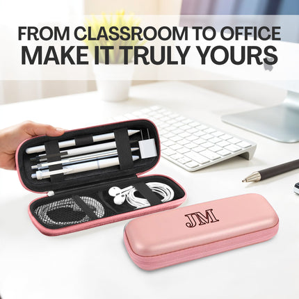 Pink case with stationery items on a desk, with text 'From Classroom to Office Make It Truly Yours'.