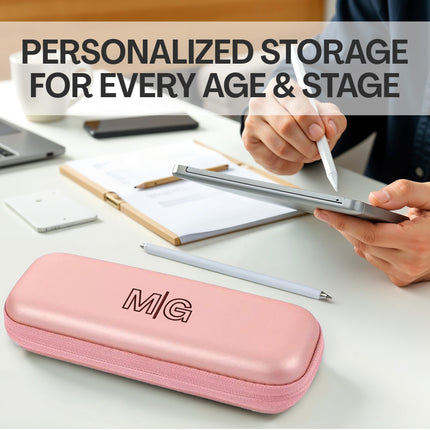 Pink pencil case with 'M&G' branding on a desk with stationery items and text about personalized storage.