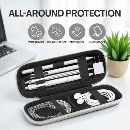 Black carrying case with electronic accessories on a white surface with 'All-Around Protection' text and icons.