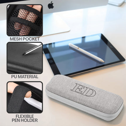 Gray pencil case with mesh pocket, PU material, and flexible pen holder on a desk with tablet and pen.