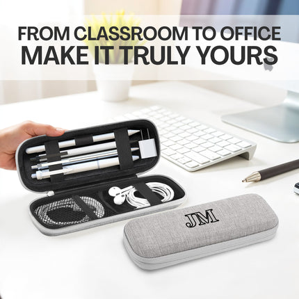Pencil case with stationery items on a desk, with text 'From Classroom to Office Make It Truly Yours'.