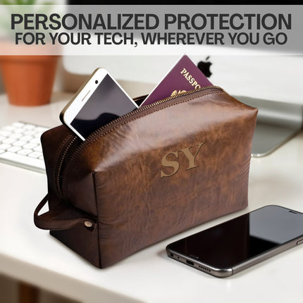 Brown leather pouch with 'SY' initials containing a phone and passport, with text 'Personalized Protection for Your Tech, Wherever You Go'.
