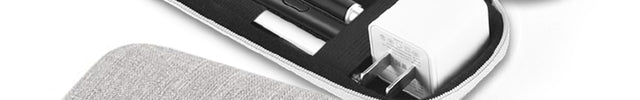 Gray carrying case with 'MJ' initials and open black case with electronic components on a white background