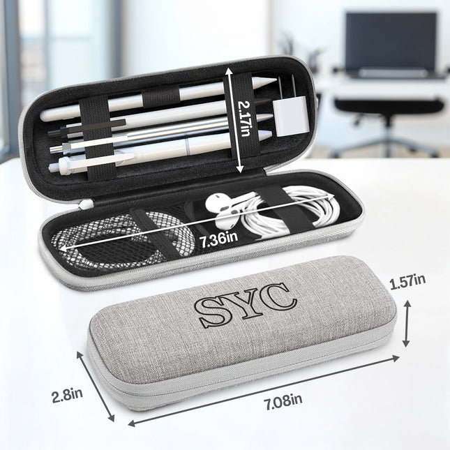 Gray carrying case with dimensions for dart components on a white surface.