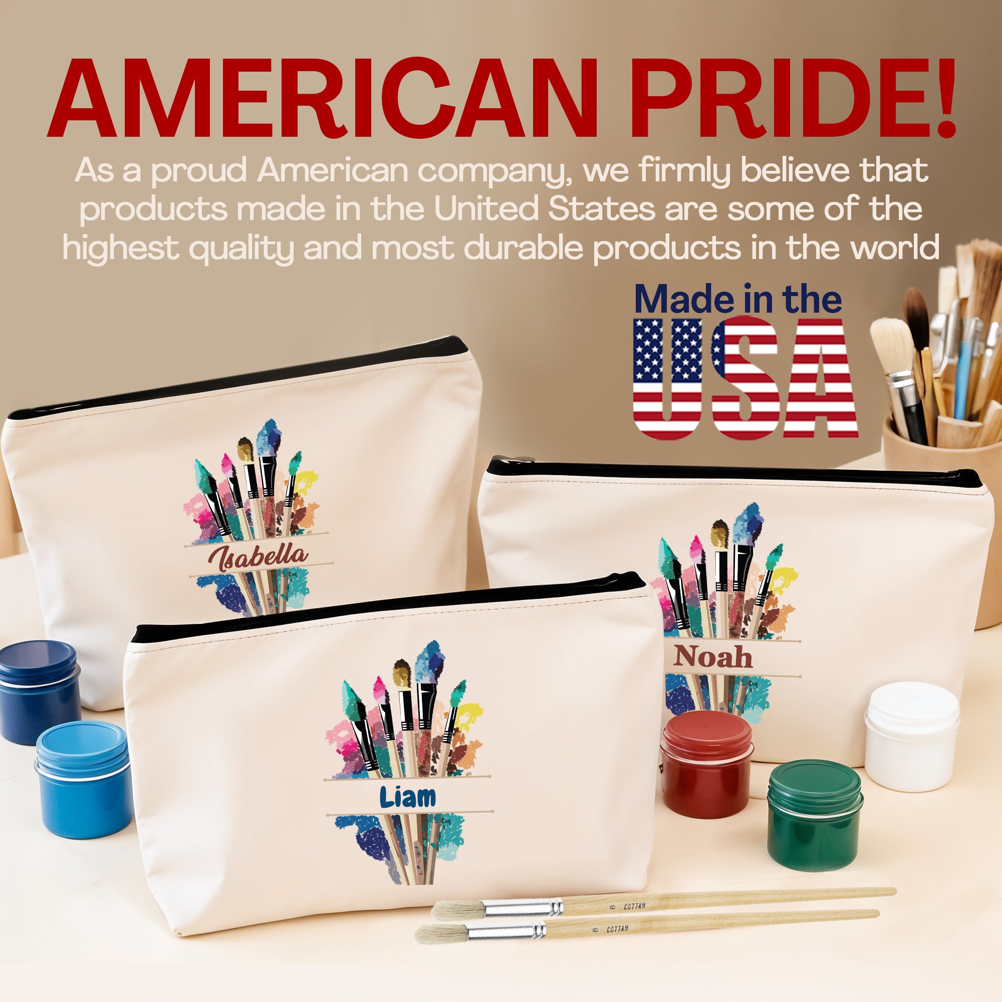 Personalized Paint Brush Pouch Holder for Kids Artists, Customized Canvas Paint Brush Pouch with Name - Cream
