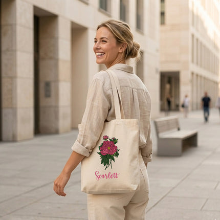 Birth Month Flowers Cotton Tote Bag with Custom Name